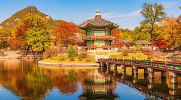 A palace with Korean architecture against autumn trees, overlooking the water