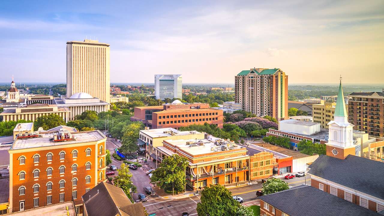 A view over Downtown Tallahassee with buildings and trees under a purple sky