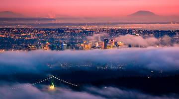 Best Vancouver viewpoints - Foggy city from above at sunset, BC, Canada