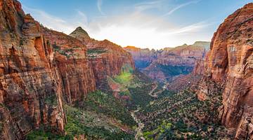 A canyon with green plants and a blue sky as the sun rises