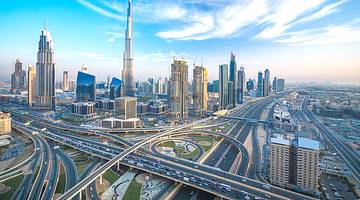 Spectacular skyline full of tall modern buildings and highways from above