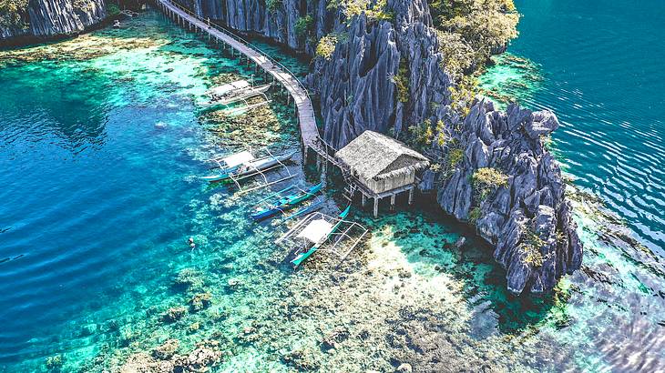 Aerial shot of the blue Twin Lagoon in Coron, one of the best Palawan tourist spots