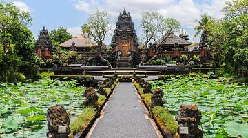 A temple structure next to trees and a path between ponds with lily pads