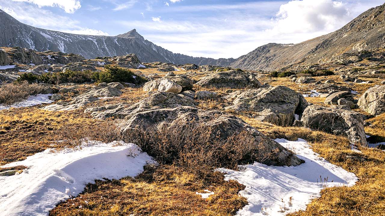 A mountain range partly covered with snow & shrubs, and a rocky landscape at the base