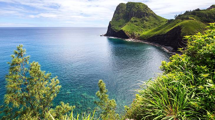 A beautiful rocky coastline with turquoise water lined with greenery, Maui, Hawaii