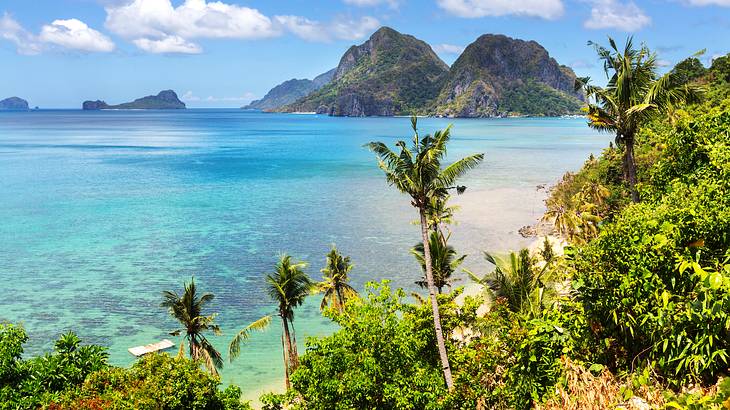 Stunning scenic view of blue water, palm trees and mountain islands, Palawan