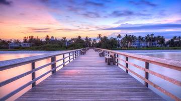 A boardwalk leading to a beach with palm trees under a purple partly cloudy sky