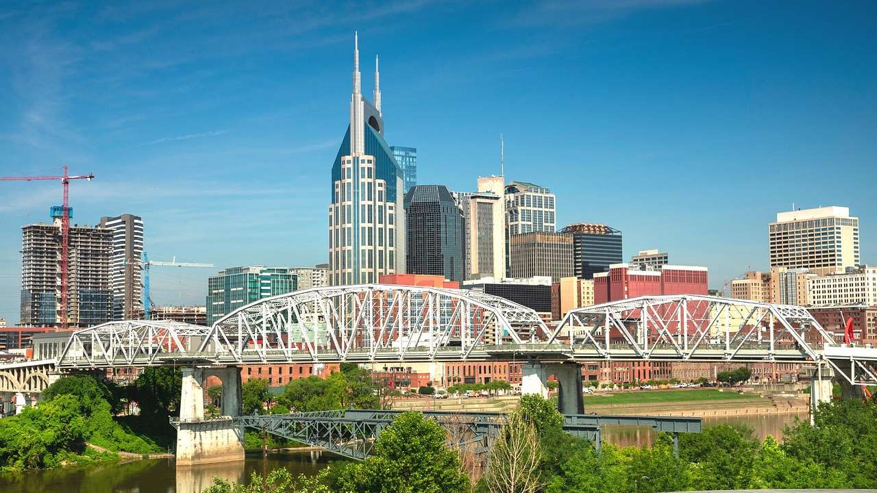 A city skyline with a bridge over a river, tall buildings, and trees under a blue sky