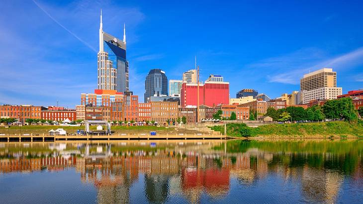 A city skyline with greenery and a river in front of it under a blue sky