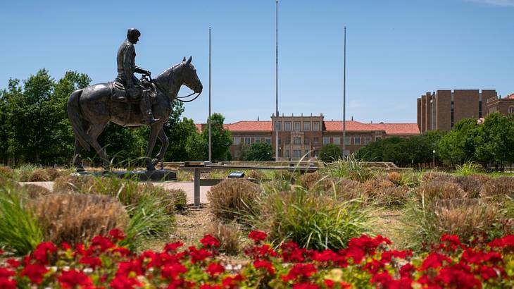 A statue of a man on a horse next to a building, trees, and red flowers