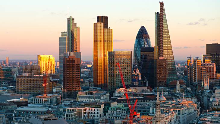London financial district skyline with several tall buildings, England, UK
