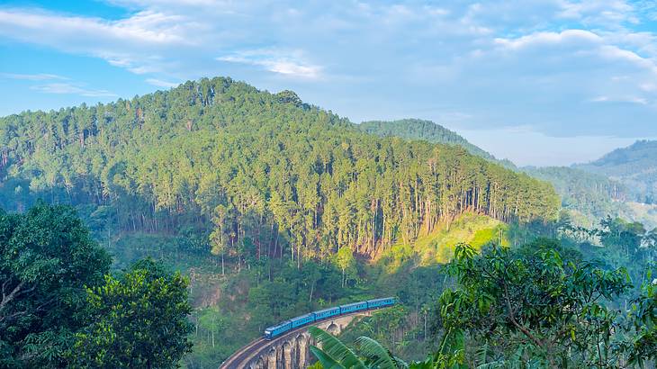 A green mountain range with a train moving in between the mountains, and a cloudy sky