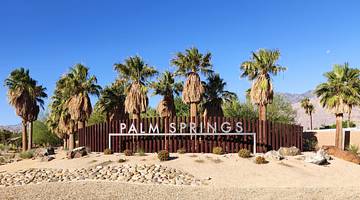 Palm trees next to sand, a fence, and a "Palm Springs" sign
