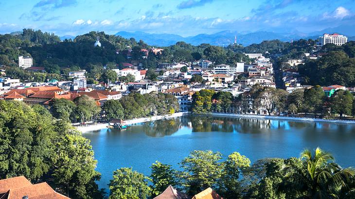 A lake surrounded by trees and white houses under a blue sky with clouds