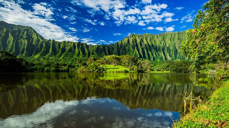 A green mountainous landscape next to clear water under a partly cloudy sky