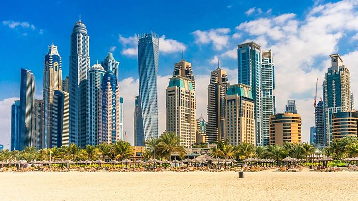 Tall and modern city buildings next to a sandy beach and trees under a blue sky