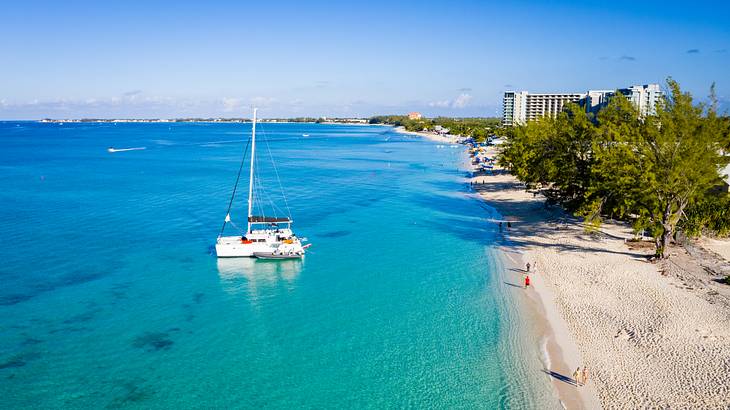 A boat on the water by the beach on a sunny day