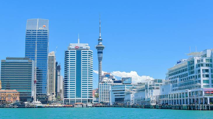 City buildings and an observation tower next to blue water