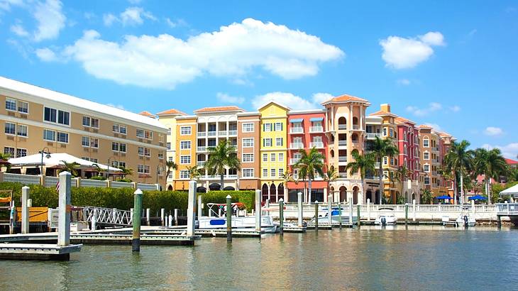 Colorful buildings on the waterfront and boats moored on the water