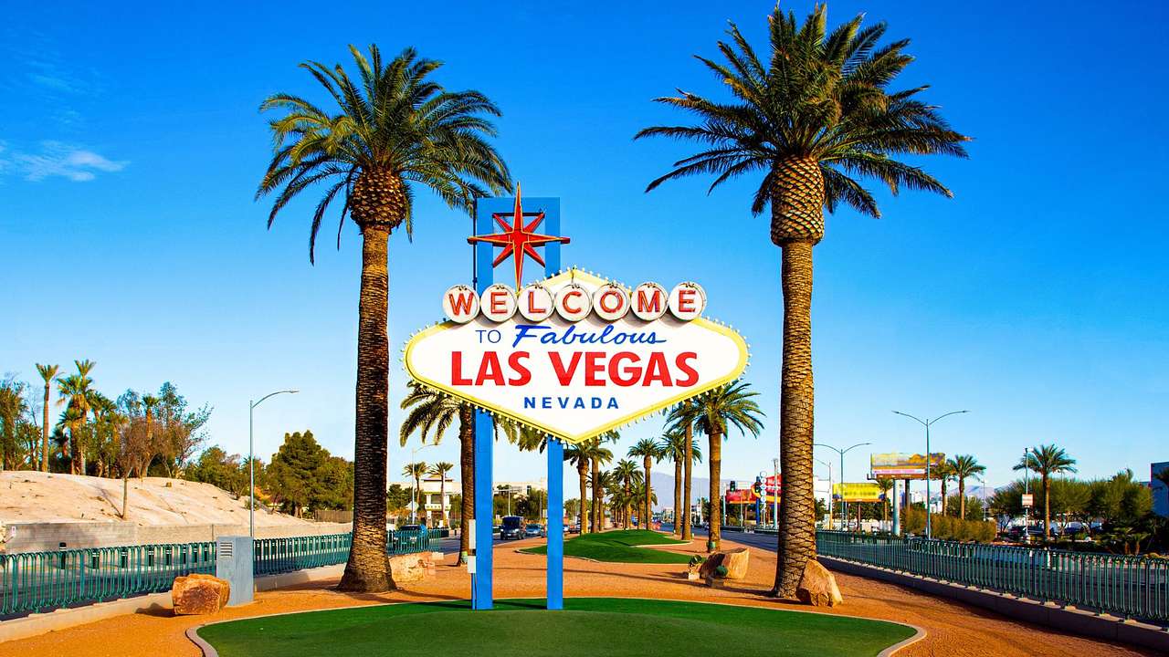 A road sign saying "Welcome to Fabulous Las Vegas, Nevada" next to palm trees