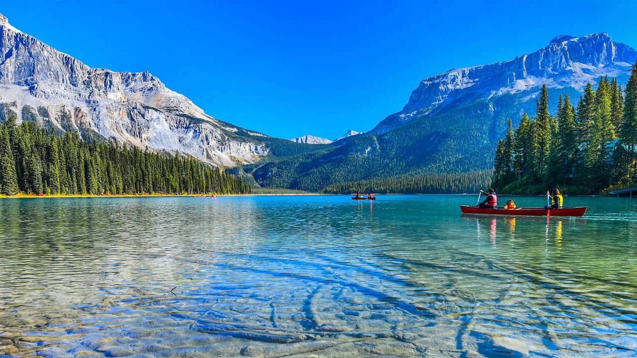 A lake with people kayaking on it near snow-capped mountains and trees