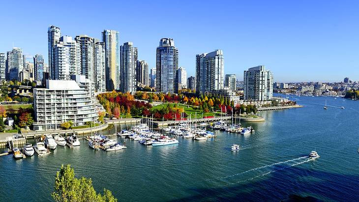 Aerial shot of a park surrounded by modern skyscrapers and a body of water with boats