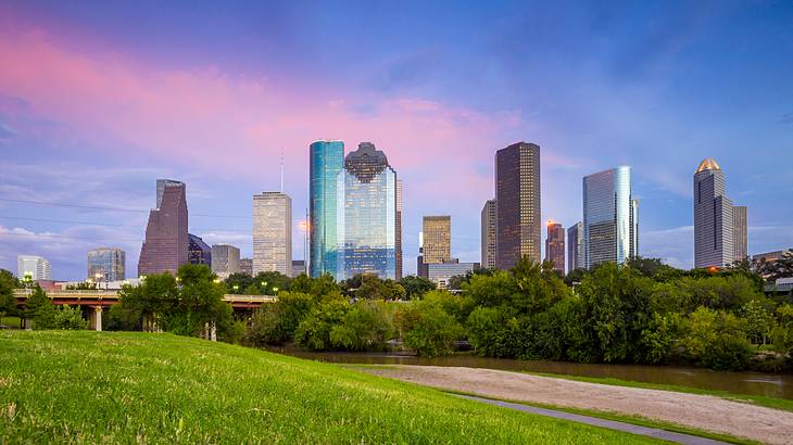 A skyline with a grassy area in front of it under a purple sky