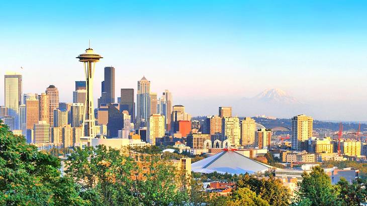 A skyline with skyscrapers and greenery in front and a mountain in the distance