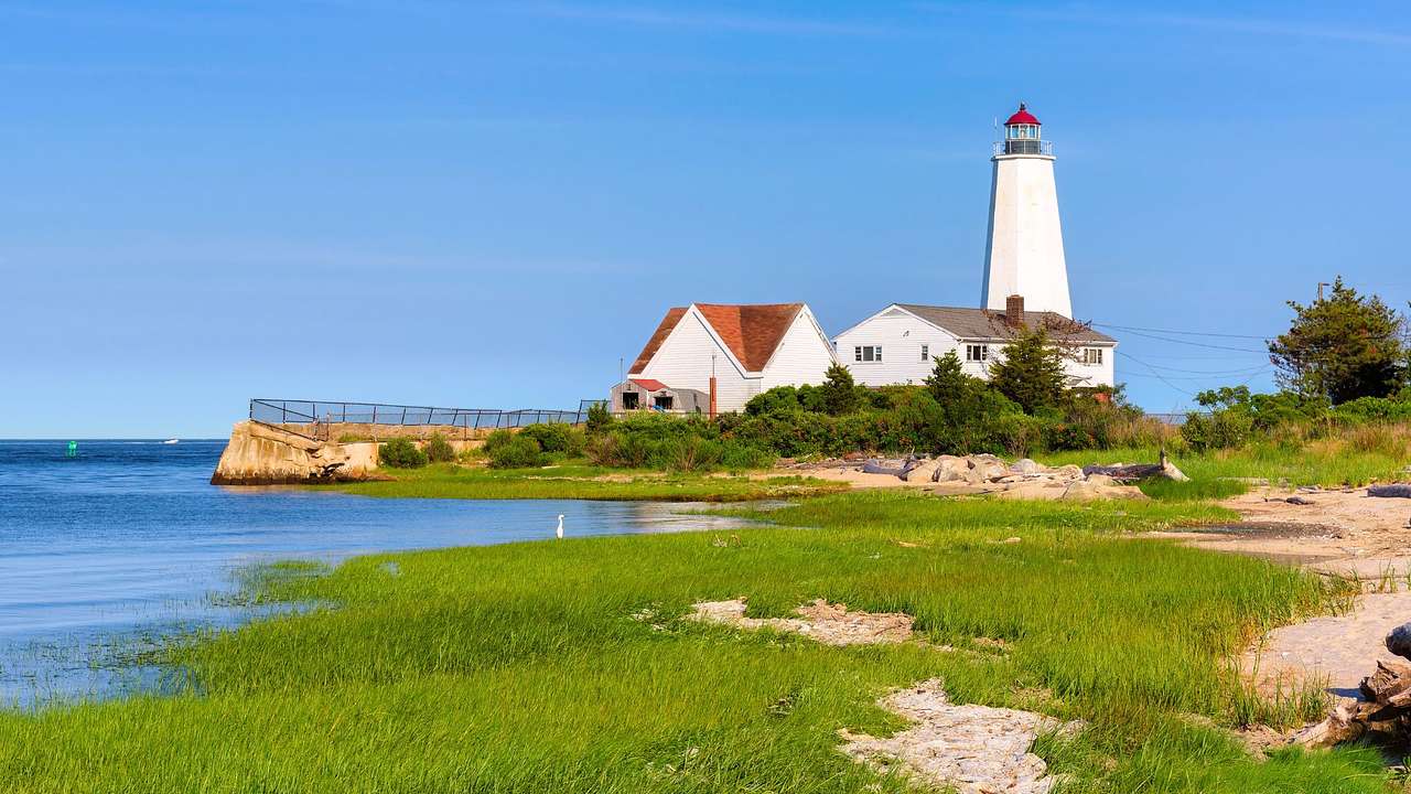 A lighthouse and small houses next to grass and the ocean under a blue sky
