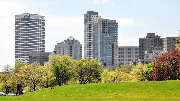 A city skyline with a lush park in the foreground