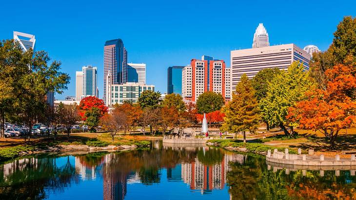 A pond next to city buildings and fall trees under a clear blue sky