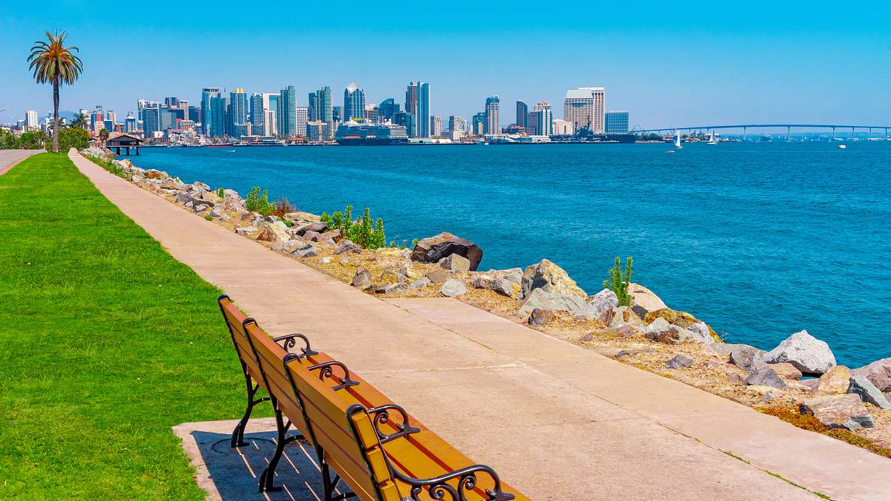 Benches by a boardwalk with the city skyline in the background