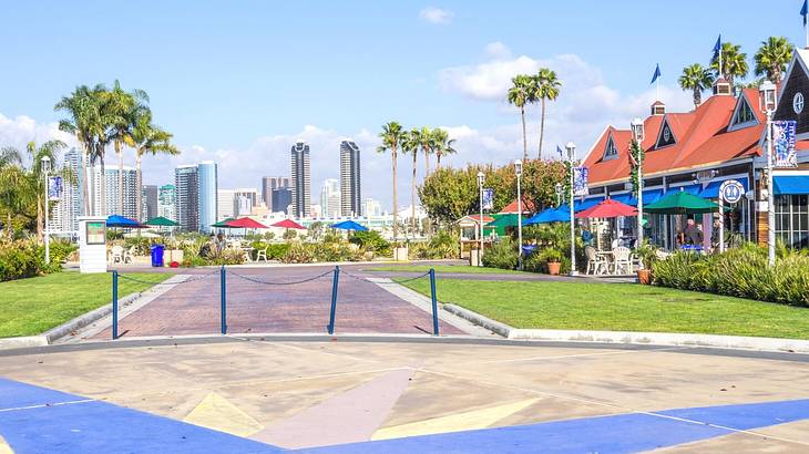 A path with a colored design on it next to houses, palm trees, and a city skyline