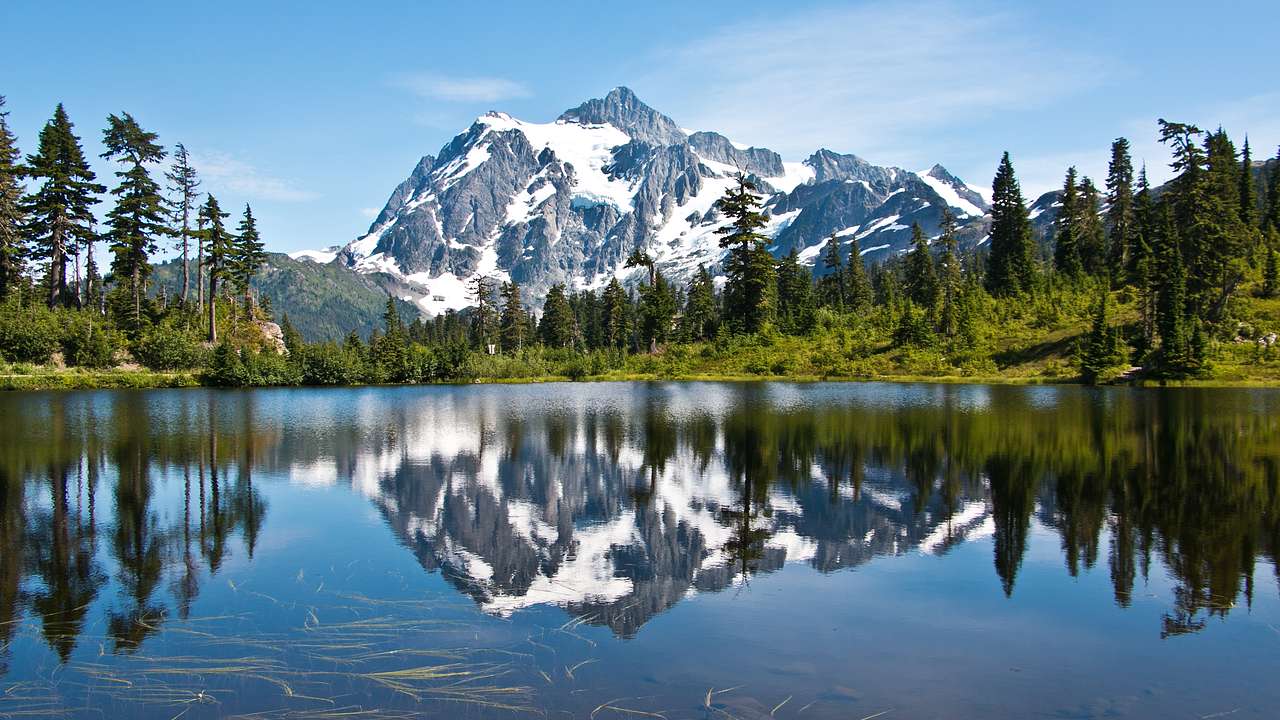 A snowcapped mountain surrounded by evergreen trees, reflected into a lake