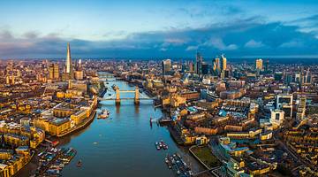Famous landmarks of London from above, such as the Shard and the Tower Bridge