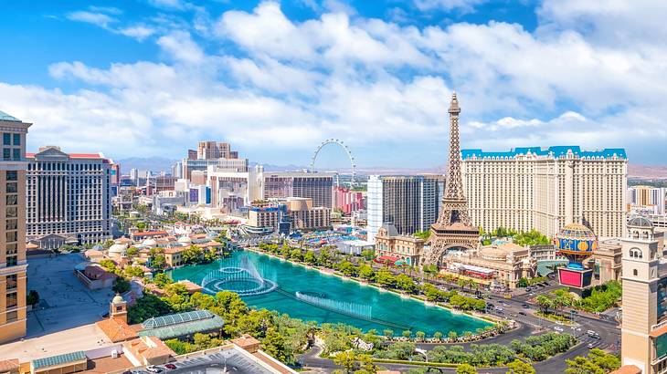 Famous landmarks in Las Vegas, Nevada, including the Eiffel Tower replica