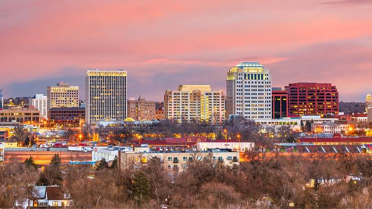 A city skyline with concrete buildings and bare trees in front with a pink sky A city skyline with concrete buildings and bare trees in front with a pink sky