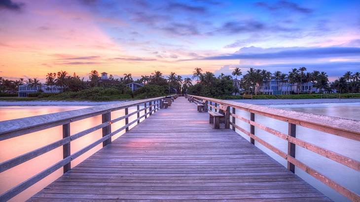 A boardwalk leading to a beach with palm trees under a purple partly cloudy sky