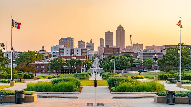 Des Moines, Iowa skyline from the Iowa State Capitol at sunset