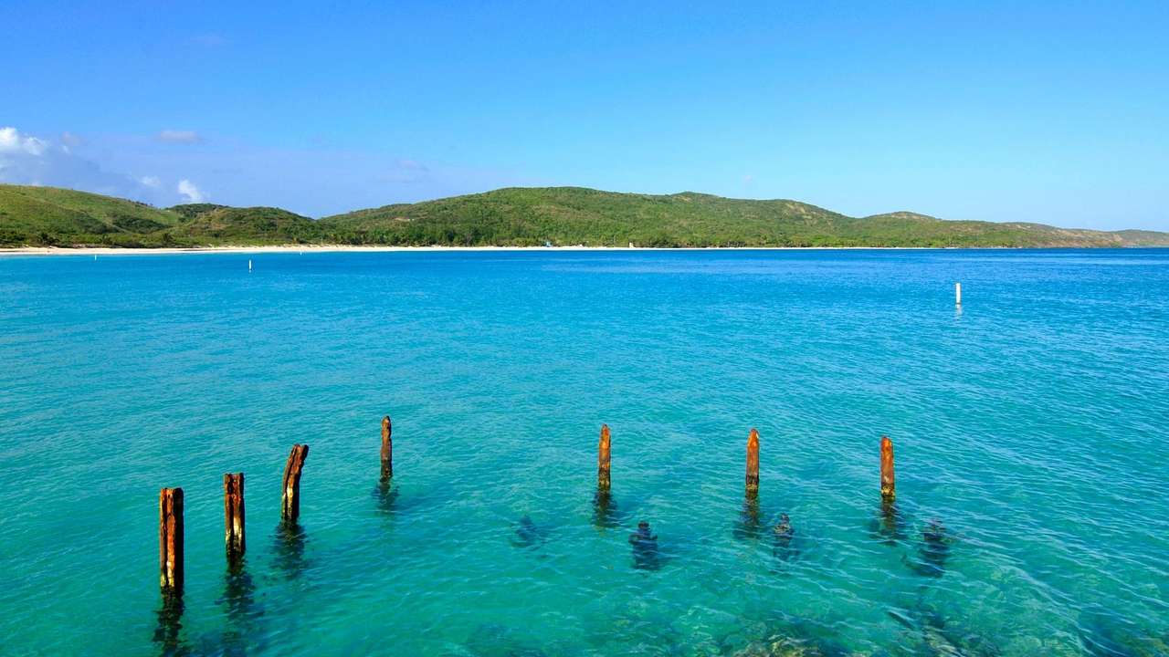 Turquoise water with wood sticks in the water and greenery-covered hills on the shore