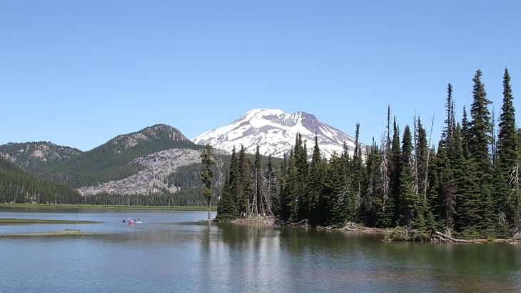 A snow-capped mountain at the back with water and pine trees in front