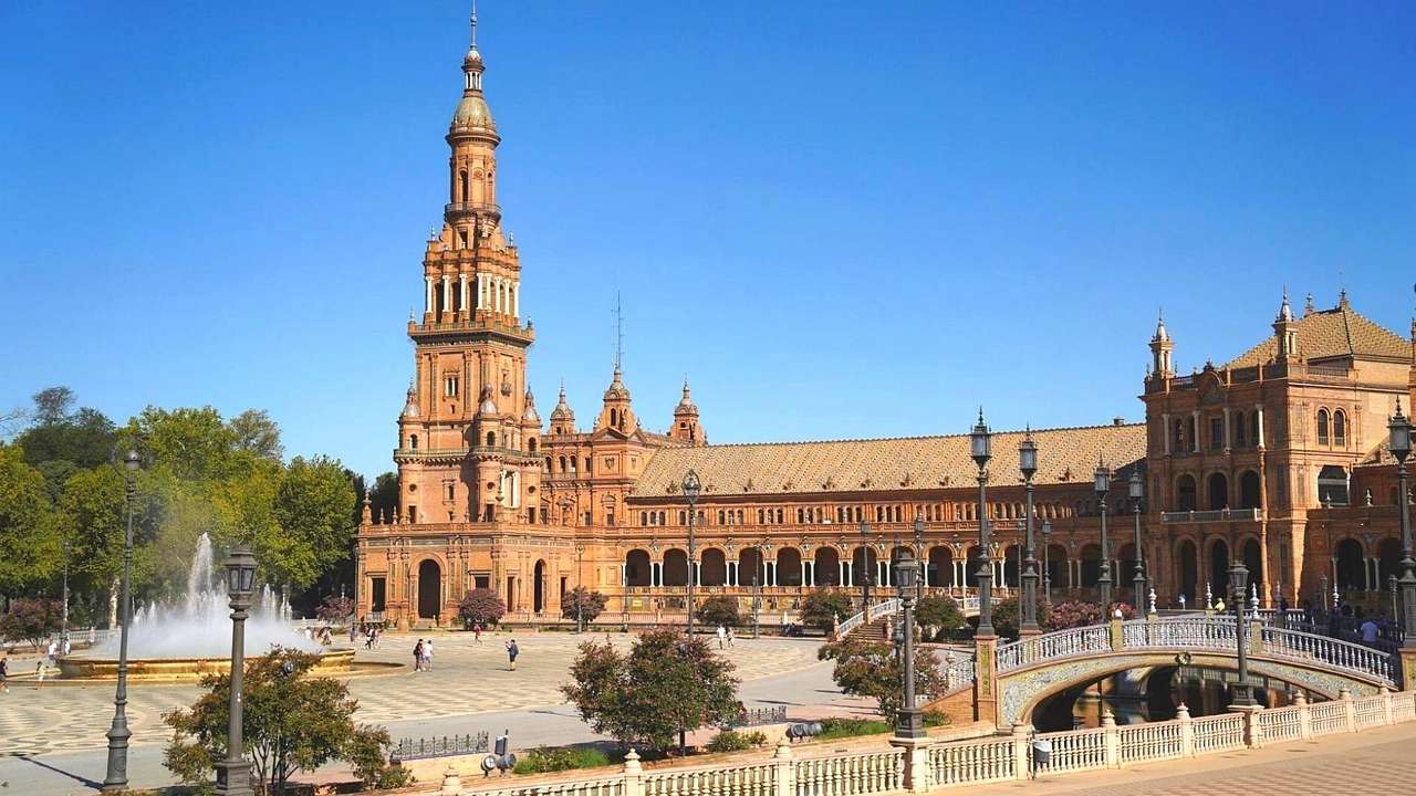 Moon-shaped Plaza de España is one of the most famous landmarks in Spain