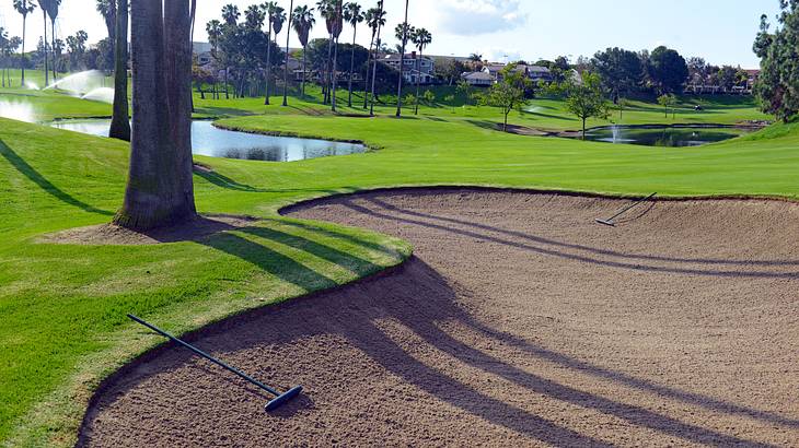 Sand trap surrounded by manicured lawn, trees and 2 ponds in the distance Sand trap surrounded by manicured lawn, trees and 2 ponds in the distance