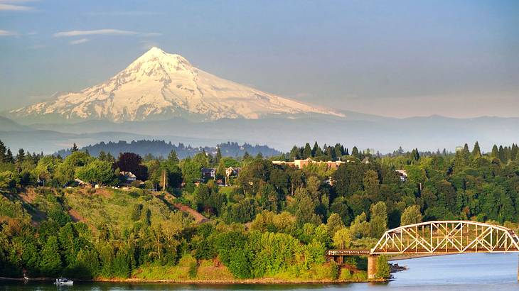 A bridge over a river with trees and a mountain in the background A bridge over a river with trees and a mountain in the background