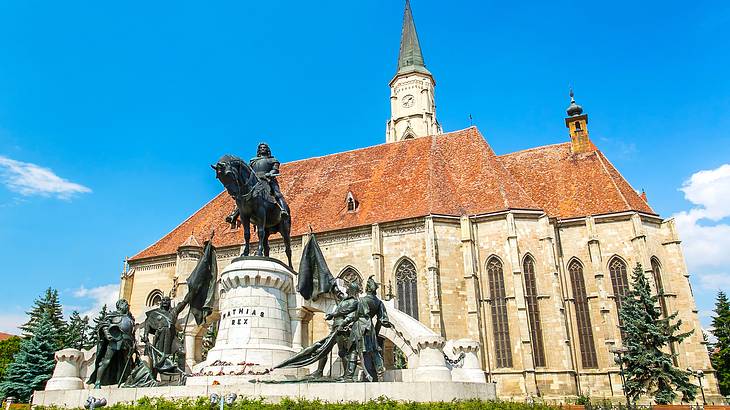 Outside of a gothic-style church in an old town, Romania