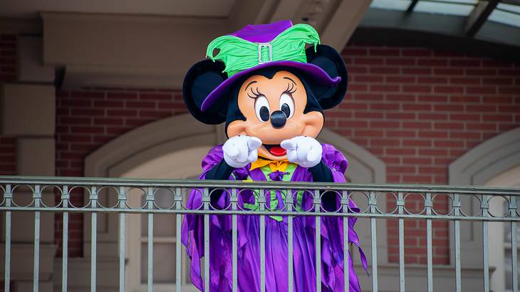 A person dressed up as a girl cartoon mouse in a purple cape pointing with fingers