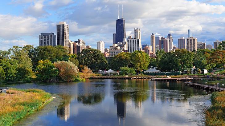 A large pond with greenery surrounding and skyscrapers in the distance