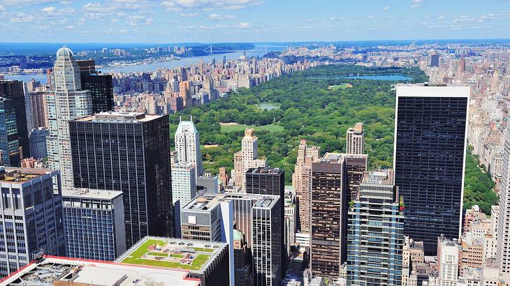 A large urban park as seen from above with skyscrapers surrounding it