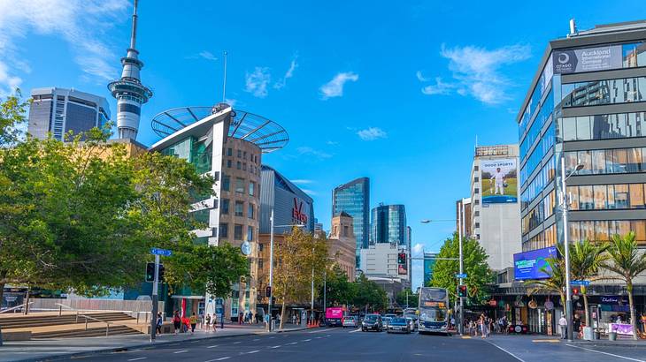 A city street with modern buildings and trees under a bright blue sky