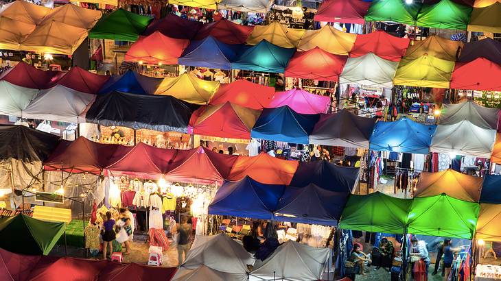 View from above of a night market in Huay Khwang District in Bangkok